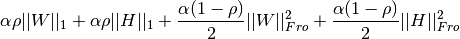 \alpha \rho ||W||_1 + \alpha \rho ||H||_1
+ \frac{\alpha(1-\rho)}{2} ||W||_{Fro} ^ 2
+ \frac{\alpha(1-\rho)}{2} ||H||_{Fro} ^ 2